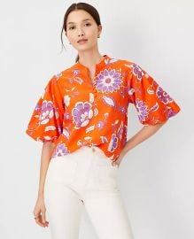 Floral Cotton Blend Pleated Sleeve Popover at Ann Taylor