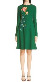 Floral Embroidered Long Sleeve Wool Blend A-Line Dress at Nordstrom