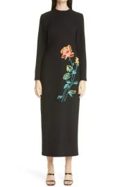 Floral Embroidered Long Sleeve Wool Blend Crepe Column Dress at Nordstrom