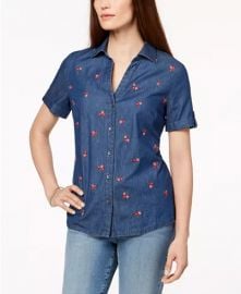 Floral-Embroidered Short-Sleeve Shirt at Macys