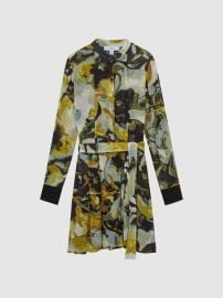 Floral Print Belted Mini Dress in Khaki REISS USA at Reiss