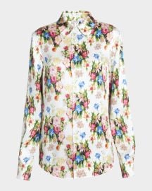 Floral-Print Button-Down Silk Blouse at Neiman Marcus