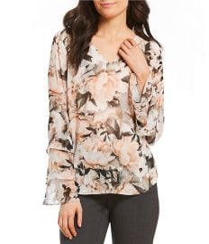 Floral Print Chiffon V-Neck Tiered Ruffle Sleeve Blouse by Calvin Klein at Lord & Taylor