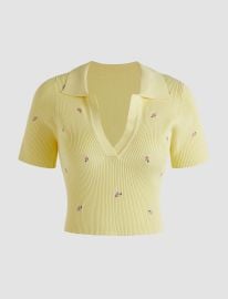 Floral Print Collar Knitted Tee - Cider at Cider