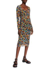 Floral-Print Long-Sleeve Shirred Mesh Dress at Neiman Marcus