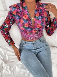 Floral Print Plunging Neck Crop Blouse USA at Shein