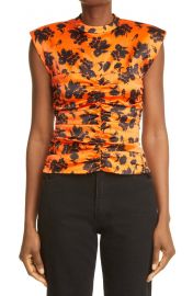 Floral Print Ruched Stretch Silk Satin Sleeveless Top at Nordstrom