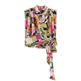Floral Print Shoulder Pad Top With Belt at AliExpress