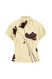 Floral Printed Crepe Mock Neck Short Sleeve Top in Sunlight amp Cocoa Over The Moon at Over The Moon