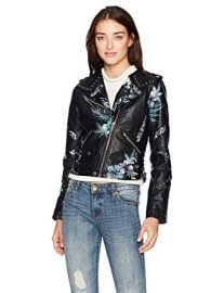 Floral Printed Vegan Leather Moto Jacket at Amazon