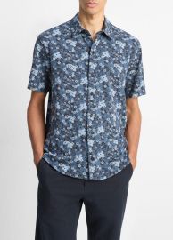 Floral Slub Cotton Short-Sleeve Button-Front Shirt in Tees amp Hoodies at Vince