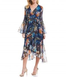 Floral Wrap Bell Sleeve Midi Dress by Nicole Miller at Dillards