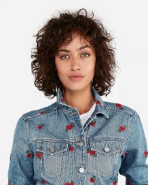 Floral embroidered denim trucker jacket at Express