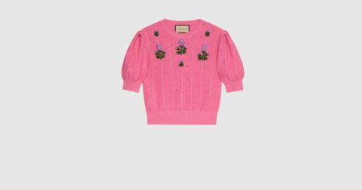 Floral embroidery knit top in pink   US at Gucci