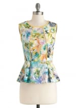 Floral print peplum top with yellow trim at Modcloth