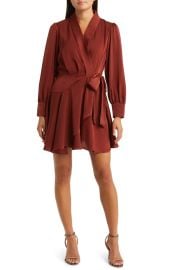 Floret Studios Ruffle Hem Long Sleeve Satin Wrap Minidress in Rust at Nordstrom Rack