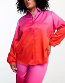 Flounce London Plus oversized satin shirt in pink and red ombre at ASOS