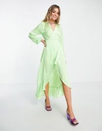 Flounce London long sleeve wrap maxi dress in bright lime at ASOS