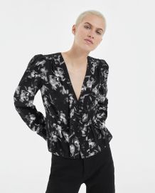 Flowing black top w pleating and floral motif The Kooples at The Kooples