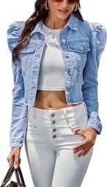 Flygo Cropped Denim Jacket for Women Fashion Puff Sleeve Raw Hem Ripped Crop Jean Jacket at Womenx27s Coats Shop at Amazon