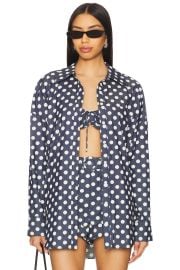 For Love Lemons Dolly Dot Denim Buttondown Top In Indigo at Revolve