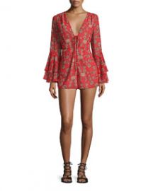 For Love and Lemons Pia Long-Sleeve Floral-Print Romper Red at Neiman Marcus