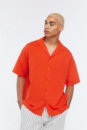 Forever 21 Cuban Collar Linen Blend Shirt in Red at Forever 21