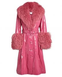 Foxy Belted Shearling-Trimmed Patent-Leather Coat by Saks Potts at Intermix