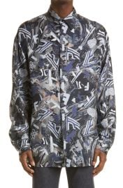 Fragment Print Longline Silk Button-Up Shirt by Fendi at Nordstrom