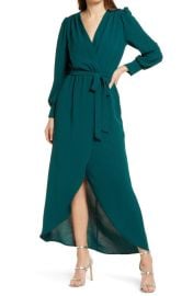 Fraiche by J Wrap Front Long Sleeve Dress in Dark Green Size X-Large at Nordstrom