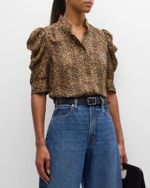 Frame Gillian Leopard Print Puff Sleeve Silk Top at Neiman Marcus