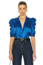 Frame Gillian Three Quarter Sleeve Silk Button Up Shirt in Slate Blue at FWRD