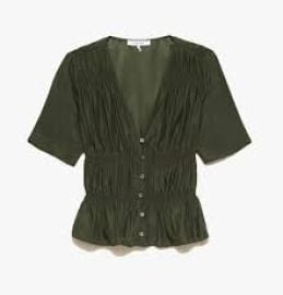 Frame Ruched V Neck Top in Fatigue Green at Garmentory