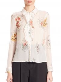 Framed Floral-Print Ruffle-Front Blouse at Neiman Marcus