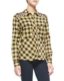 Free People Lace-Up Plaid Crepe Blouse Yellow at Neiman Marcus