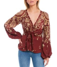 Free People Run Free Floral Print Long Balloon Sleeve Deep V-Neck Tie Waist Top  Dillardx27s at Dillards