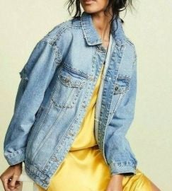 Free People Studded Denim Trucker Jacket Oversized Button Up Light Blue OB843118 at eBay