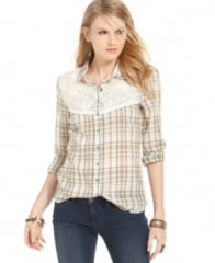 Free People Top Long-Sleeve Lace Plaid Blouse  in ivory at Macys