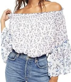 Free People Womens Floral Off Shoulder Blouse White S at Womens Clothing store at Amazon