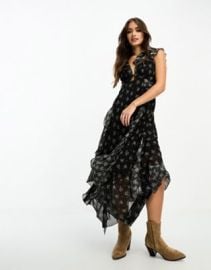 Free People floral print asymmetric boho midaxi dress in black at ASOS