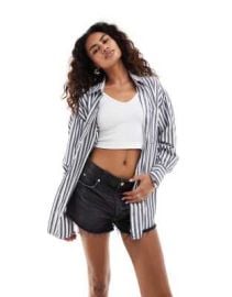 Free People striped oversized boyfriend shirt in navy at ASOS