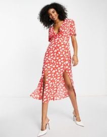 French Connection midi dress with tie waist in red smudge print at ASOS