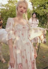 French Style Rose Corset Midi Dress in White LaceMade at LaceMade