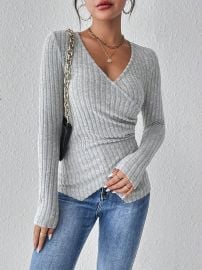 Frenchy Surplice Neck Wrap Ribbed Knit Tee USA at Shein