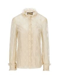 Frilled High Neck Monogram Lace Blouse at Cettire