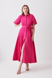 Fuchsia Cotton Poplin Puff Sleeve Woven Shirt Dress With Dropped Waist Detail at Karen Millen