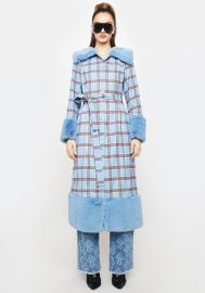 Fur Trimmed Long Button Up Coat - Blue Plaid Dolls Kill at Dolls Kill