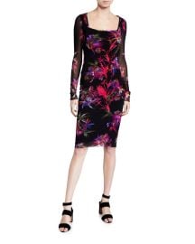 Fuzzi Floral Square-Neck Long-Sleeve Fitted Dress w Embroidery at Neiman Marcus