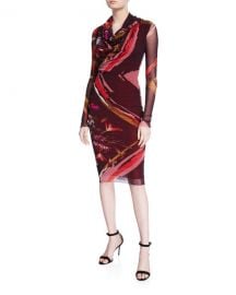 Fuzzi Patchwork Flower Cowl-Neck Long-Sleeve Dress at Neiman Marcus