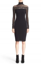 Fuzzi Sheer Lace Trim Tulle Turtleneck Dress at Nordstrom